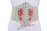 Wide Elastic Beige Corset High Waist Belt Flowers ize S M
